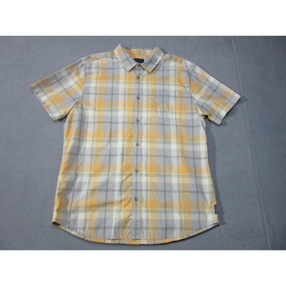 prAna Shirt Mens Large Yellow Gray Plaid Outdoor Hiking Short Sleeve Button Up